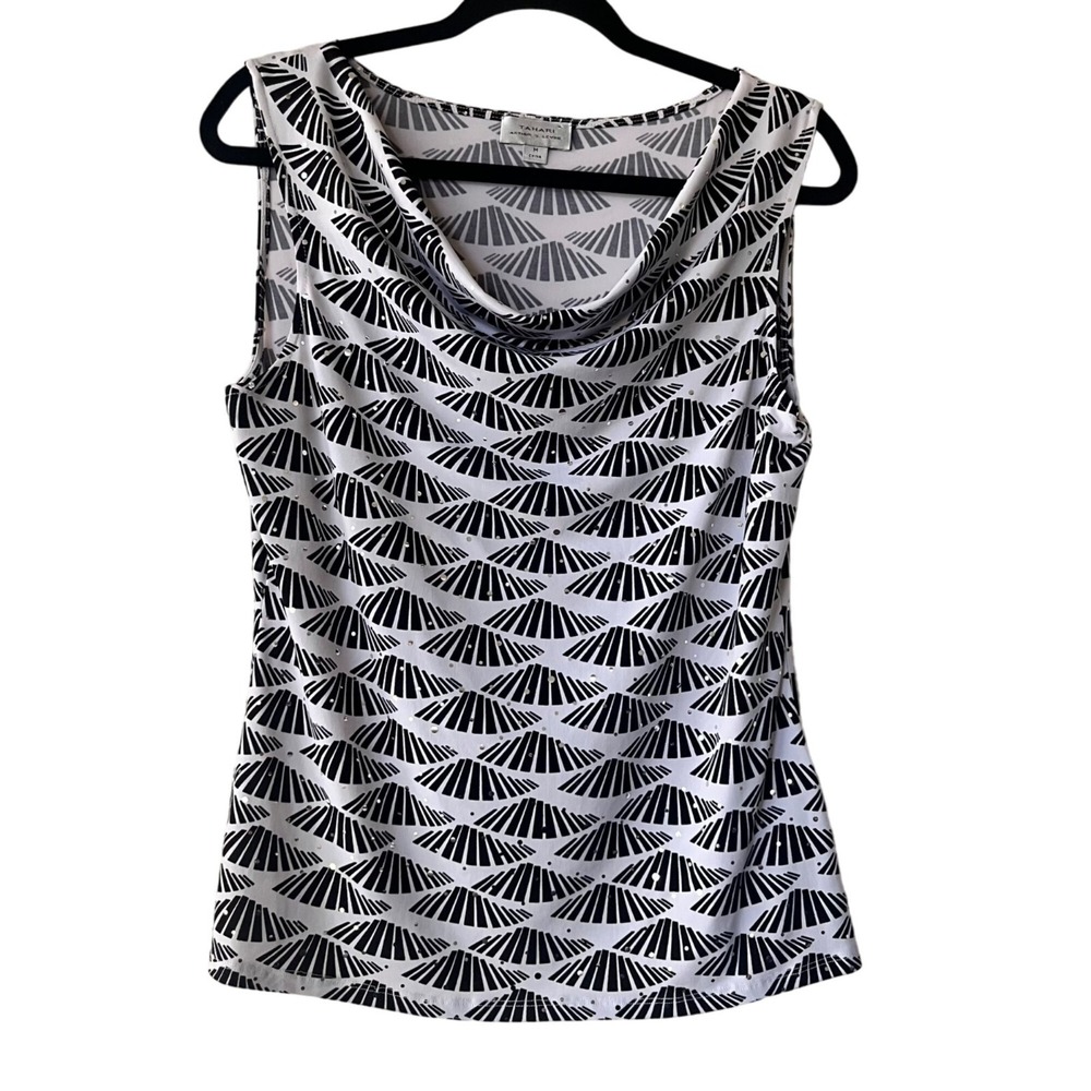 Tahari Blouse Womens White Black Geometric Sequin Cowl Neck Sleeveless Top M NEW